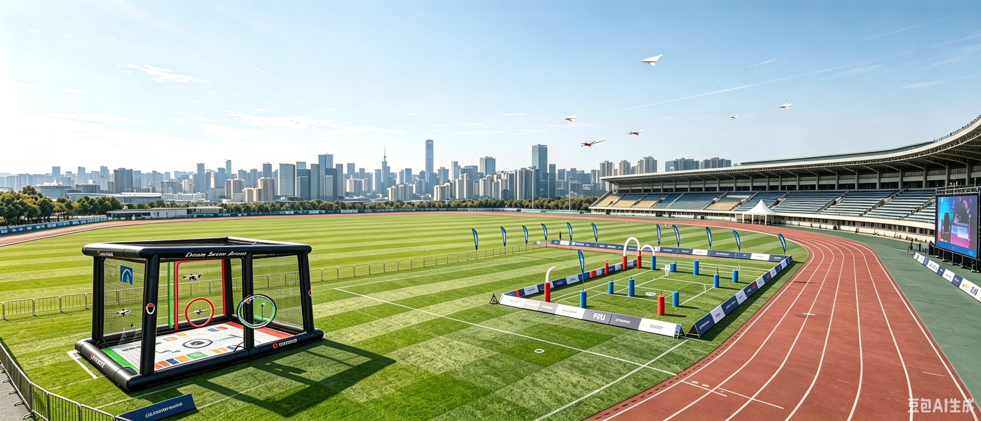 A modern urban aviation-sports stadium with drone-racing courses and aircraft in flight