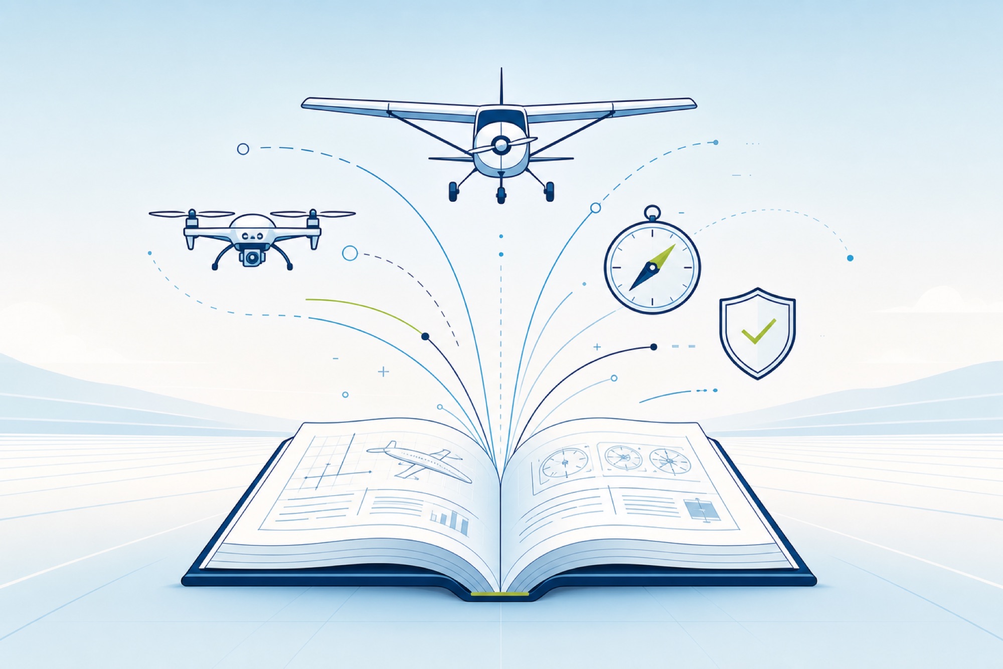 Illustration of aviation knowledge emerging from an open book