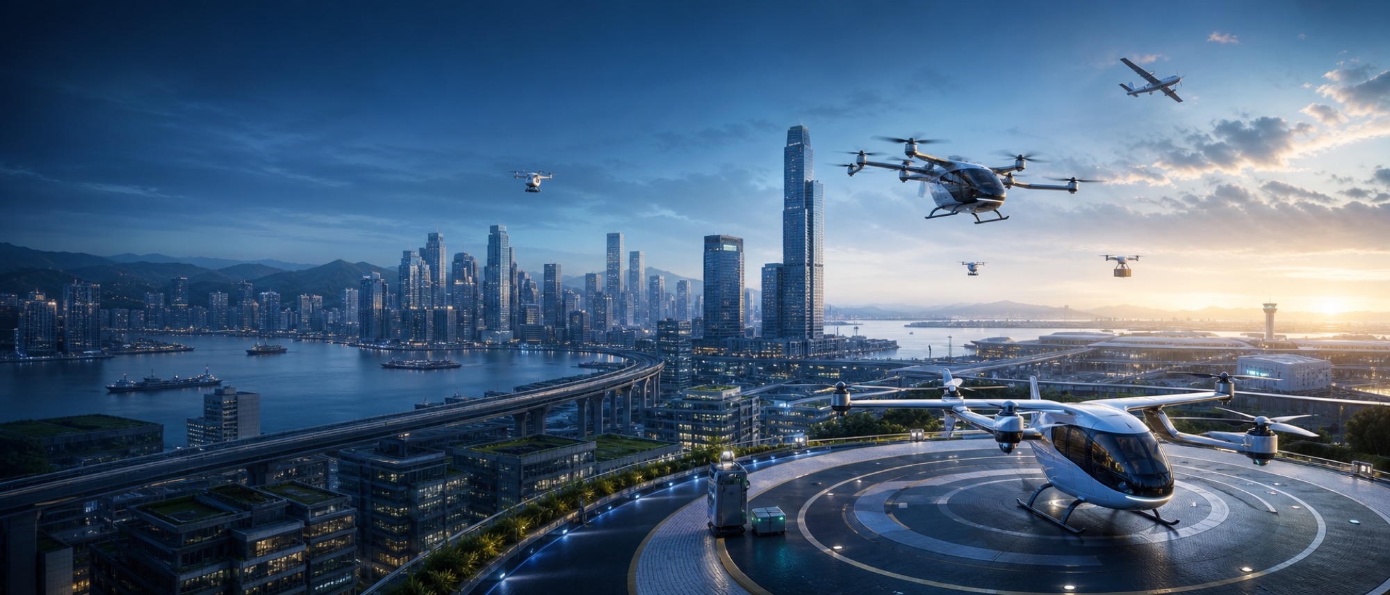 Future low-altitude economy city with eVTOL aircraft, light aviation and delivery drones