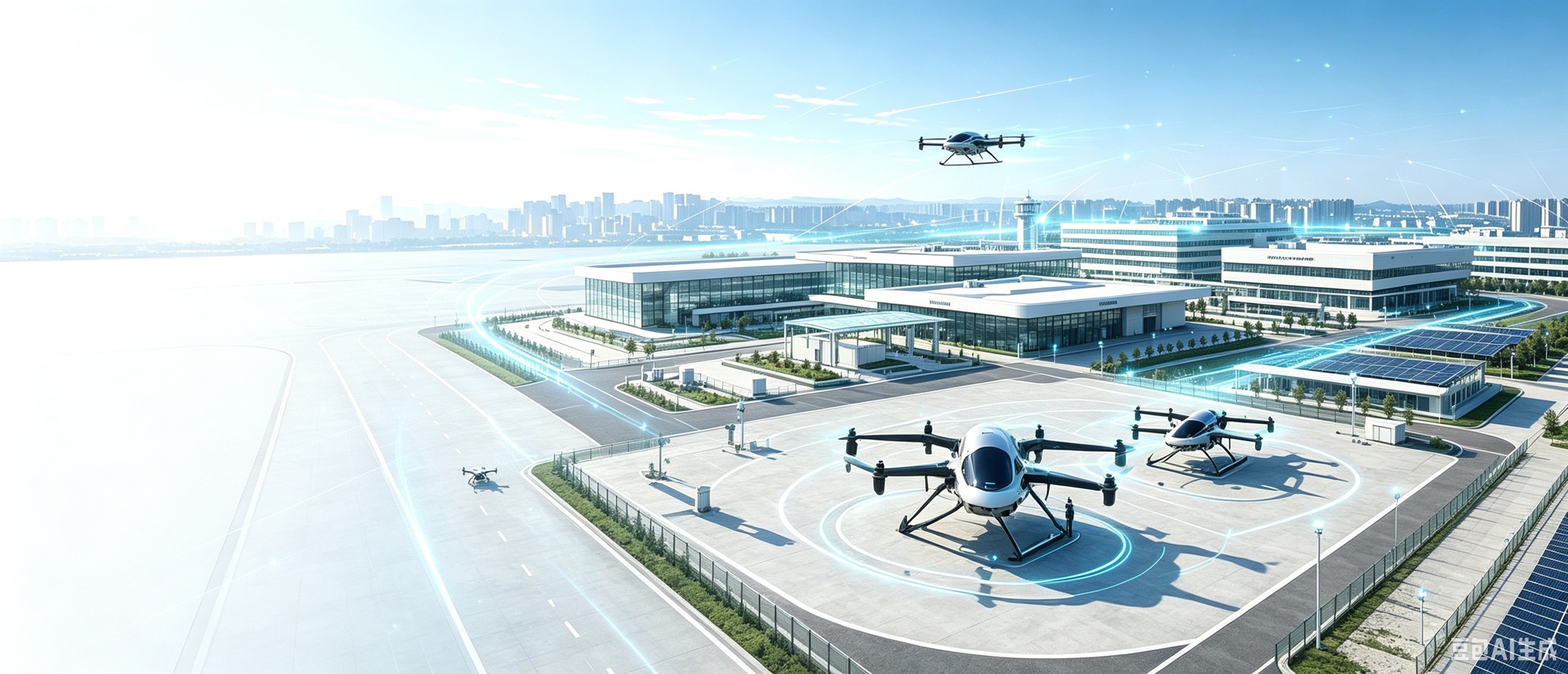 Future low-altitude aviation innovation campus with connected eVTOL aircraft